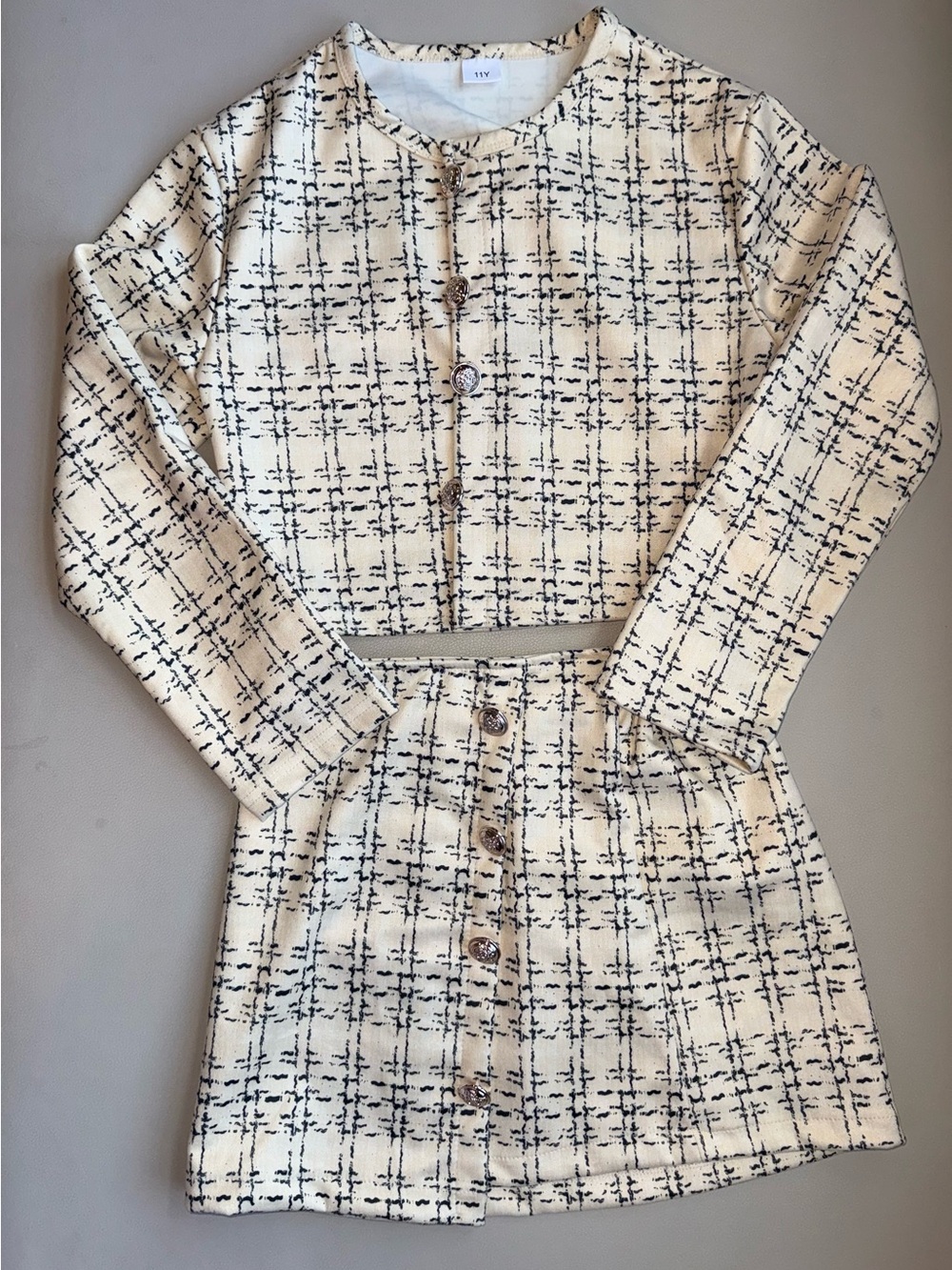 SHEIN Cream & Black Plaid Tweed three-Piece Jacket, shirt and Skirt Set